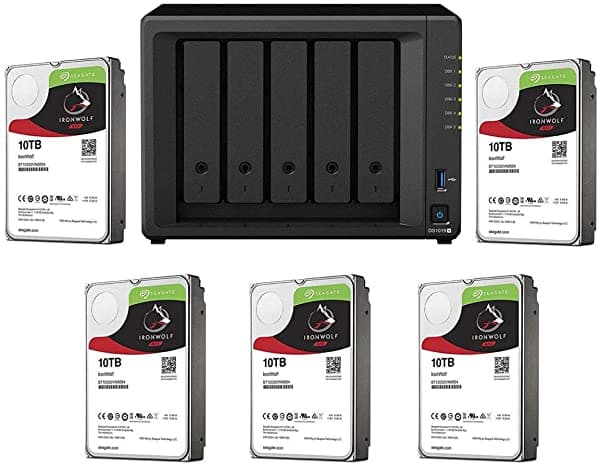 Synology Diskstation Ds1019+ - Caja Nas De 5 Bahías (35"/25" Sata Drive Bays Raid 0/1/5/6/10/Basic/Hybrid/Jbod Sin Disco Con 5 Unidades De Disco Duro Interno Seagate Ironwolf Nas De 10 Tb De 35")
