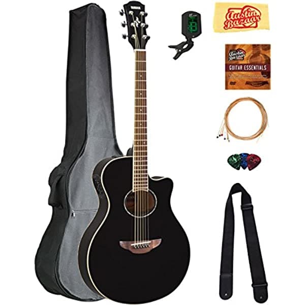 Yamaha APX600 - Guitarra Electroacústica de Cuerpo Delgado - Paquete Negro con Funda Acolchada Afinador Cuerdas Correa Púas DVD Instructivo de Austin Bazaar y Paño de Pulido APX600-BL-COMBO-DLX