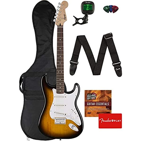 Fender Squier Bullet Stratocaster Hard Tail - Paquete Sunburst Marrón con Funda Acolchada Afinador Correa Púas y DVD de Instrucciones de Austin Bazaar FEN-0371001532-COMBO-DLX-1