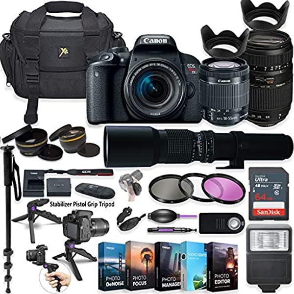 Canon Eos Rebel T7I Cámara Dslr Con Lente De 18 A 2.165 In Tamron 2.756 - 11.811 In Y 19.685 In Preestablecido Lente + 5 Paquete De Software De Edición De Foto/Vídeo Y Kit De Accesorios Profesionales
