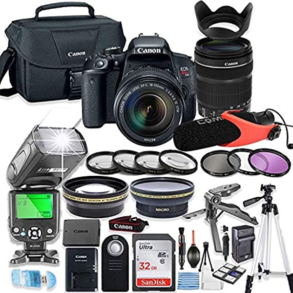 Canon Eos Rebel T7I - Cámara Réflex Digital Con Objetivo Canon 0.709-5.315 In Usm + 32 Gb De Memoria Sandisk + Funda Canon + Flash Ttl Speedlight (Hasta 180 Pies) + Micrófono De Vídeo De Condensador + Paquete De Accesorios