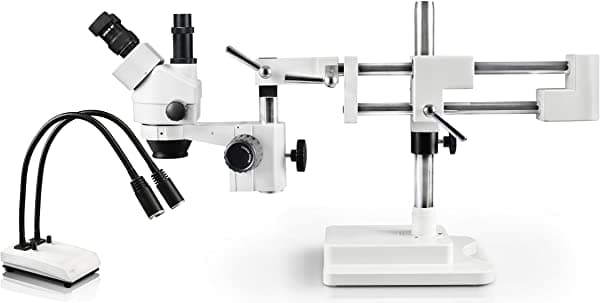 Vision Scientific - Microscopio Estéreo con Zoom Trinocular (10 Oculares de Campo Amplio 0.7 X 45 Aumentos 7 X 45 Aumentos Doble Brazo Luz LED de Cuello de Cisne Doble con Control de Intensidad)