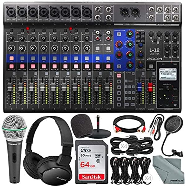 Photo Savings Zoom LiveTrak L-12 Mezcladora Digital de Canales y Grabadora Multi-Pista Paquete Platinum que Incluye Auriculares, Micrófono, Filtro Antipop, Paravientos, Soporte para Micrófono, 10X Cables, Tarjeta SD de 64GB y Paño Fibertique PS-ZL12_P