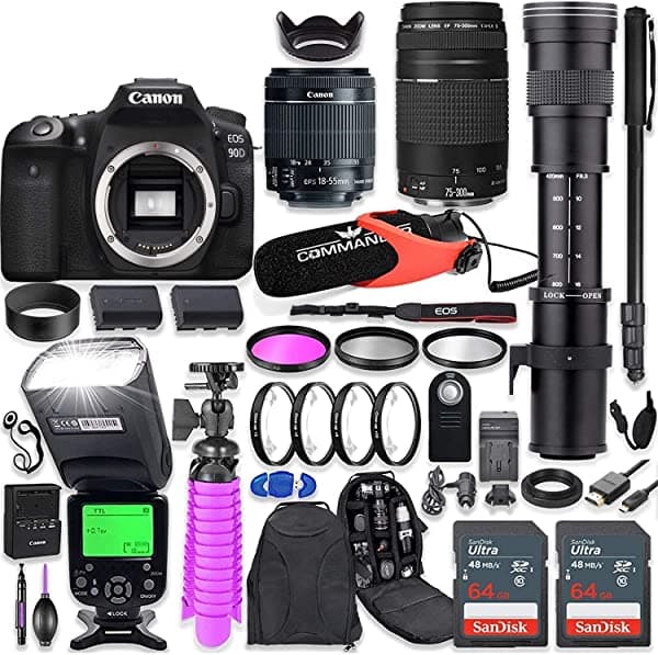 Canon Eos 90D Dslr Camara Kit Con Canon 18-55Mm & 75-300Mm Lentes + 420-800Mm Telephoto Zoom Lente + Ttl Flash (Upto 180 Ft) + Commander Micrófono + 128Gb Memory + Accessory Bundle
