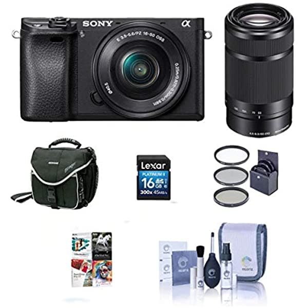 Sony Alpha A6000 - cámara digital sin espejo con lentes 16-50mm f/3.5-5.6 OSS y 55-210mm f/4.5-6.3 OSS color negro - paquete con tarjeta SDHC de 16GB bolso para cámara kit de filtro de 40.5mm kit de limpieza paquete de software