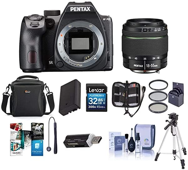 Pentax K-70 24Mp Full Hd Dlr Cámara Con Smc Da 0.709-2.165 In F/3.5-5.6 Al Wr Lente Negro - Paquete Con Funda De Funda Batería De Repuesto Trípode Kit De Filtro De 2.441 In Kit De Limpieza Paquete De Software Y Más