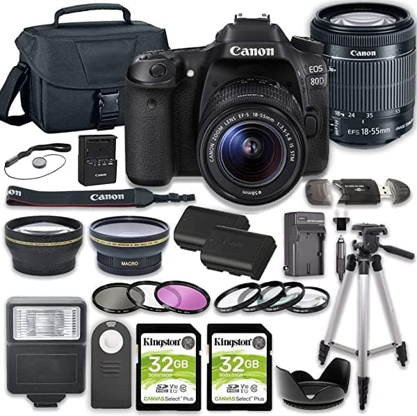 Canon Eos 80D - Cámara Réflex Digital Con Objetivo Stm De 0.709-2.165 In Y 2 Tarjetas De Memoria Kingston De 32 Gb Y Kit De Accesorios