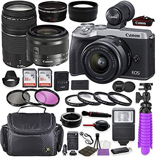 Canon EOS M6 Mark II Mirrorless Cámara Digital (Silver) EVF-DC2 Viewfinder Bundle Con Canon EF-M 15-45mm IS STM & EF 75-300mm f/4-5.6 III Lentes + Adaptador De Montura Automático (EF/EF-S a EF-M) + Accesorios Canon M6 Mark II (Silver)