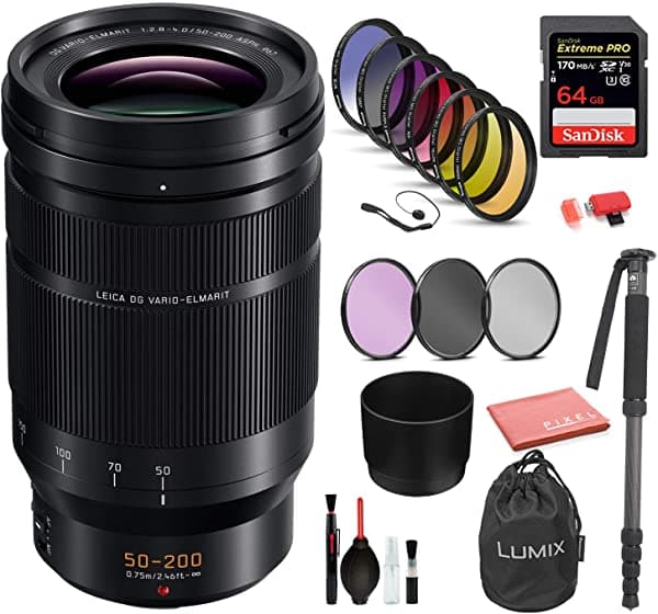 Panasonic Leica Dg Vario-Elmarit 1.969-7.874 In F/2.8-4 Asph. Power O.I.S. Lente Usa (H-Es50200) Con El Kit Incluye Sandisk Extreme Pro 64 Gb Tarjeta Sd Kit De Filtro De 9 Pc + Más