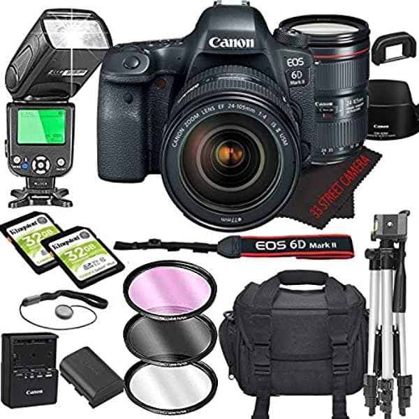 33rd Street Camera Canon EOS 6D Mark II - Cámara Réflex Digital con Lente 24-105mm f/4 L IS II USM, WiFi Incorporado, Sensor CMOS Full Frame de 26.0 MP, Procesador de Imagen DIGIC 7 y Videos Full HD + 64 GB + Flash TTL Bounce