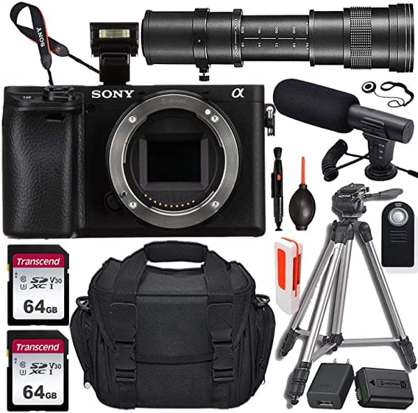 Sony Alpha A6400 - Cámara Digital Sin Espejo (Solo El Cuerpo) Con Objetivo Teleobjetivo De 420 A 31.496 In + 2 Tarjetas De Memoria De 64 Gb Micrófono Trípode Portátil Bolsa Para Dispositivos Y Más