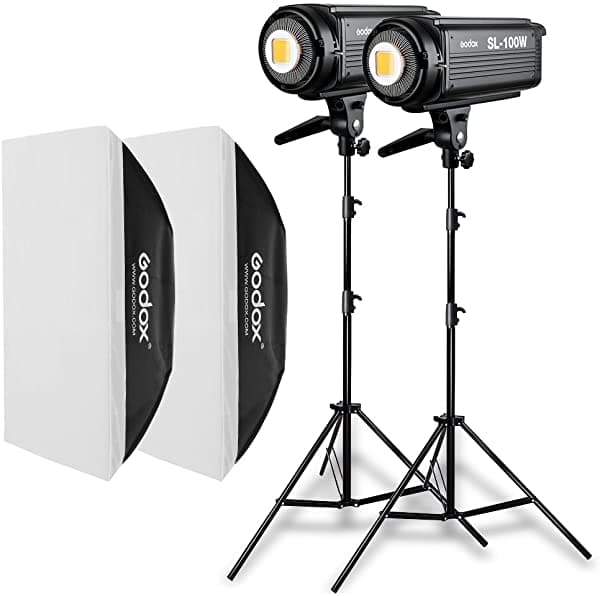 Godox Sl-100W 100Ws 5600K Studio - Luz Led Continua De Video Fotográfico + 2 Soportes De Luz De 9.2 Ft + 2 Cajas De Luz De 27.6 X 39.4 In