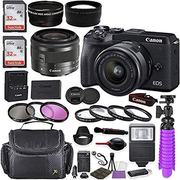 Canon EOS M6 Mark II Cámara Digital Sin Espejo (Negro), Kit con Lente Canon EF-M 15-45mm IS STM (Graphite) + Estuche de Hombro + 64GB Memoria + Filtros HD + Lentes Auxiliares + Kit Deluxe Canon M6 Mark II