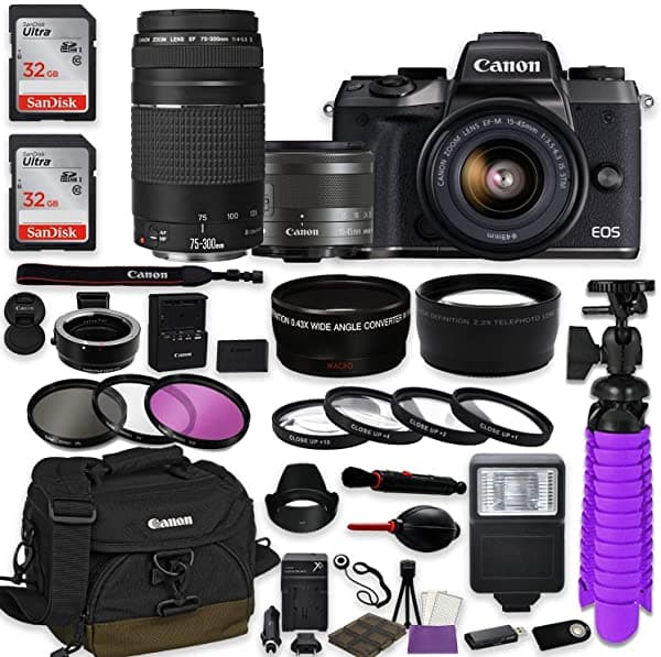 Canon EOS M5 Cámara Digital Sin Espejo (Negro), Bundle con Canon EF-M IS STM y EF 75-300mm f/4-5.6 III Lentes + Adaptador de Montura Auto (EF/EF-S a EF-M) + Funda Canon Resistente al Agua + Accesorios EOS M5 Blk