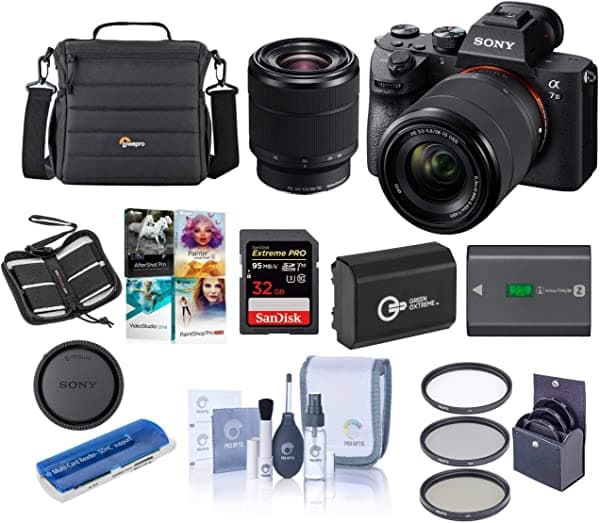 Sony Alpha A7 III 24MP UHD 4K cámara sin espejo con lente de 28-70mm paquete de tarjeta SDHC U3 de 32 GB funda para cámara kit de filtro de 55mm batería de repuesto kit de limpieza estuche para tarjetas de memoria lector de tarjetas paquete de software para PC