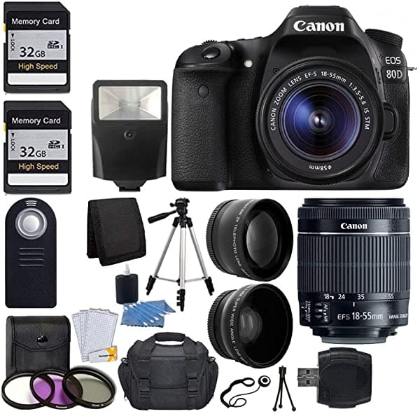 LINEN ZONE Canon Eos 80D Cámara Réflex Digital Con Objetivo Ef-S F/35-5.6 Is Ii De 0.709-2.165 In + Lente Gran Angular De 2.283 In + 2 Lentes De Telefono + Flash + Tarjeta De Memoria Sd De 48 Gb + Kit De Filtro Uv + Trípode + Paquete De Accesorios Completos
