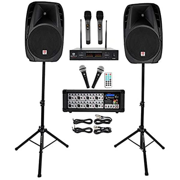 Rockville RPG2X15 Mixer Bluetooth Potenciado + 2 Parlantes de 15 + Soportes + Micrófonos Inalámbricos RPG2X15+RWM65U