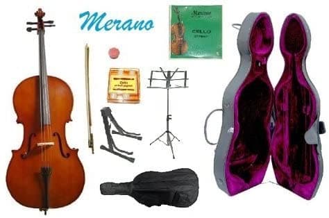 Merano 4 4 Coloque De Violonchelo De Tamaño Completo Fundación Y Bow+2 Sets Of Cuerdas+Pitch Pipe+Soporte De Violonchelo+Música Negra+Rosín MC150SP2S