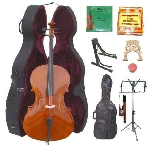 Merano 4 4 Tamaño Natural De Violonchelo Natural+Fondo De Transporte Suave+Bow+Rosin+Juego Adicional De Cuerdas+Puente Adicional+Pitch Pipe+Black Cello Stand+Music Stand GC10HD-SPB2S