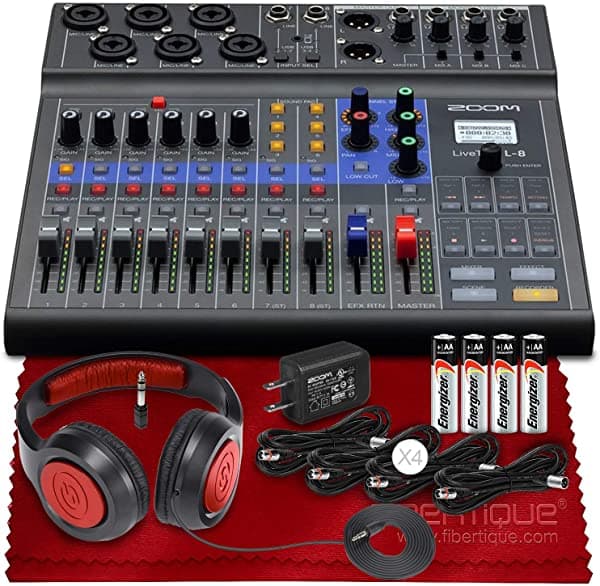 Zoom LiveTrak L-8 Mezcladora Digital Portátil de 8 Canales y Grabadora Multipista con Paquete Básico + Audífonos Estéreo Dinámicos SR360, Cables XLR Xpix, Baterías AA y Paño de Microfibra Fibertique
