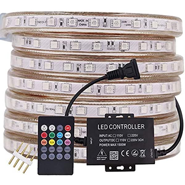 XUNATA LED Strip Lights, Luces de Tira LED Controladas por Bluetooth RGB AC 110-120V SMD 5050 60 LEDs/m Impermeables en Forma de Cuerda con Control Remoto IR de 20 Teclas, Compatible con iOS y Android con Sistema de Control de Tiempo y Música (328ft/100m) LED027US-100
