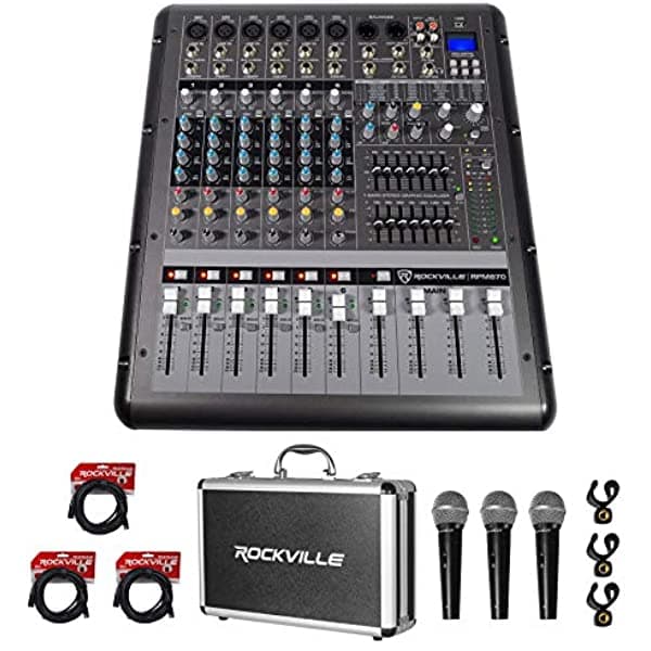 Rockville Rpm870 8 Canal 6000W Potenciados Mezclador Usb Efectos+3 Micrófonos+Casos+Cables RPM870+RMC-3PK+(3) RCXFM20E-B
