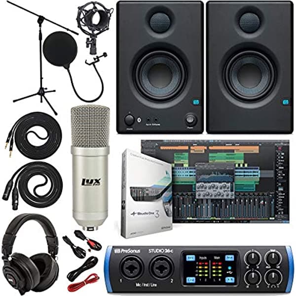 PreSonus Studio 24C 2x2 Placa de audio USB Tipo-C MIDI, Eris 4.5 BT Par de monitores de estudio Bluetooth, micrófono de estudio y bundle de grabación LyxPro