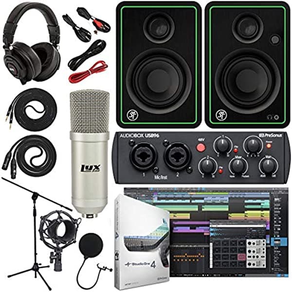 PreSonus AudioBox 96 Placa de audio Complete Studio Bundle con Studio One Artist, monitores de estudio Mackie CR3, micrófono condensador LyxPro, el color de la placa puede variar entre azul o negro