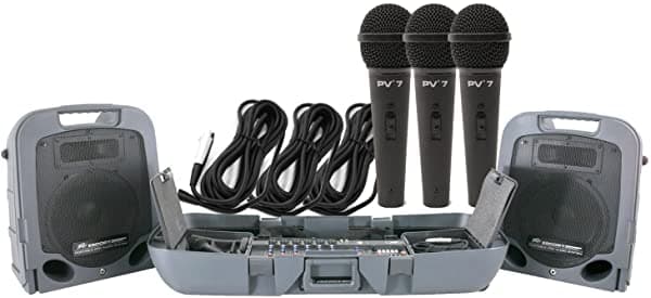 Peavey Escort 3000 Sistema de audio profesional portátil 150 Watts x 2, 7 canales, EQ, FX, con 3 micrófonos y cables conectores XLR 03608880 BUNDLE