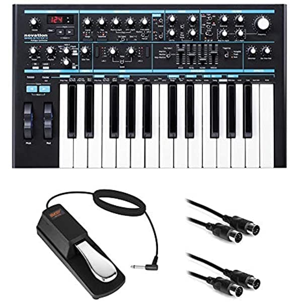 Novation Bass Station II Sintetizador analógico monofónico con pedal de sustain (estilo piano) y cable MIDI de 9.8 ft