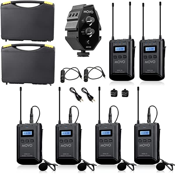 Movo Wmx-20-Quatro Sistema De Micrófono Inalámbrico Uhf De 48 Canales Con Mezclador 2-Ch 2 Receptores 4 Transmisores Y 4 Micrófonos De Solapa Compatibles Con Cámaras Dslr (Rango De Audio De 330' Ft) WMX-20-DUOx2+AM100
