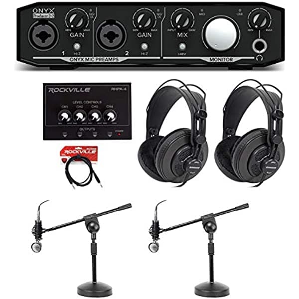 Mackie Podcast Podcasting Bundle Placa+2 Mics+2 Auriculares+Amp+Stands Onyx Producer 2.2+RCM03+PRO-M50 BROAD 2