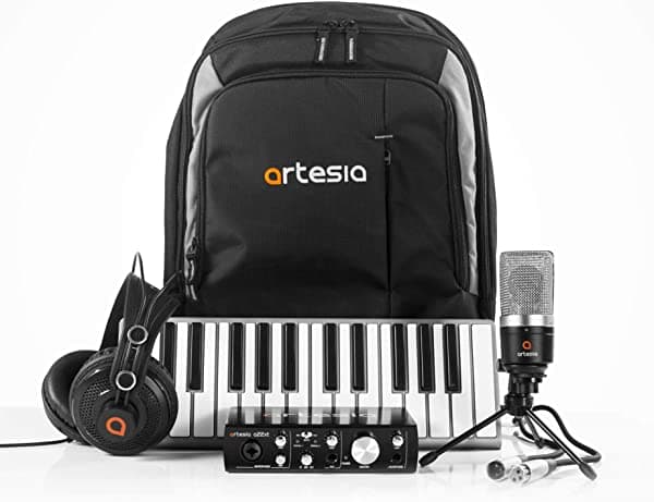 Artesia ARB-6 Mochila de grabación Studio Bundle, teclado MIDI Xkey y estuche + placa USB profesional de 24 bits + auriculares monitores de estudio + micrófono condensador cardioide + mochila