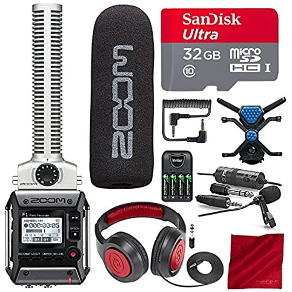 Zoom F1-Sp Field Grabador Shotgun Micrófono Paquete F1-Spa 32Gb Samsson Auriculees Xpix Lavalier Mic Y Platinum Bundle