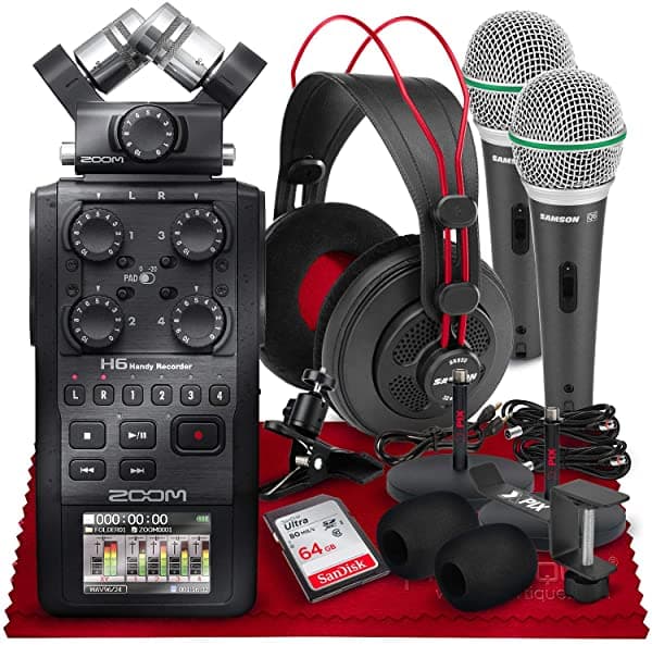 Zoom H6 - Grabadora Portátil (6 Entradas 6 Vías Con Una Sola Cápsula De Micrófono (Negro) + Auriculares Micrófono De Mano Dinámico (X2) Soporte Para Micrófono (X2) Y Paquete De Grabación De Estudio