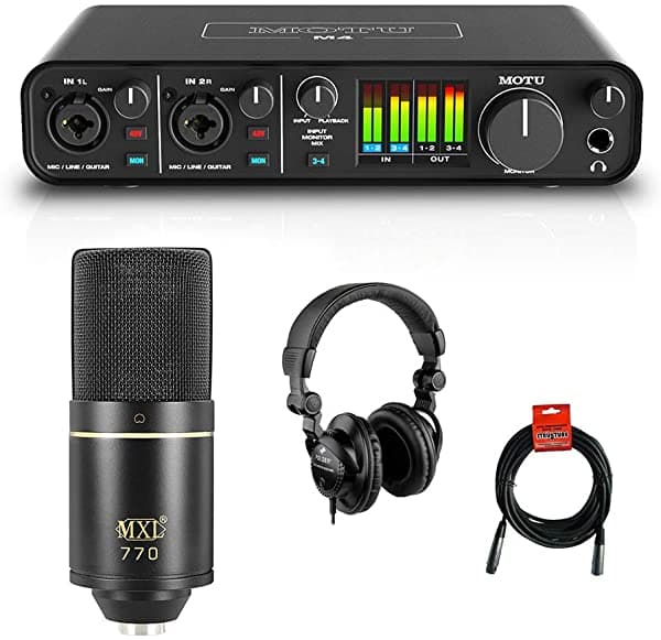 Motu M4 4X4 Usb Audio Placa Mxl 770 Cardioide Micrófono Negro Hpc-A30 Monitor De Estudio Auriculares Y Paquete De Cable Xlr