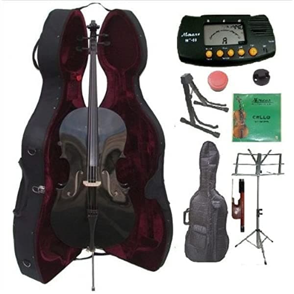 Merano Cello 3/4 Negro con Estuche Rígido, Arco y 2 Juegos de Cuerdas + Soporte de Violonchelo + Atril + Afinador con Metrónomo + Sordina + Resina MC150-1BK