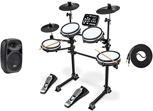 Lyxjam Batería Electrónica de 7 Piezas Kit con Mesh Real, 209 Sonidos Precargados, 50 Canciones, Platillos, Baquetas, Pedal de Bombo, Parlante Activo Spa8 y Cable Qtr de 15 Pies LYXD750S8