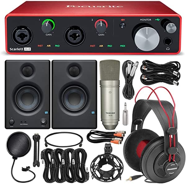 Focusrite Scarlett 4i4 USB Placa de Audio 3ra Generación + Monitores Nearfield PreSonus Eris, Micrófono de Estudio Tascam TM-80, Auriculares SR860 y Extenso Paquete de Estudio