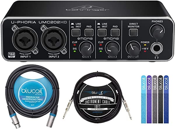 Behringer U-Phoria UMC202HD USB Placa de Audio 48V Alimentación Fantasma Windows y Mac Bundle - Blucoil Cable de Instrumento Recto de 10' 1/4", Cable XLR Balanceado de 10 Pies y 5x Precintos para Cables