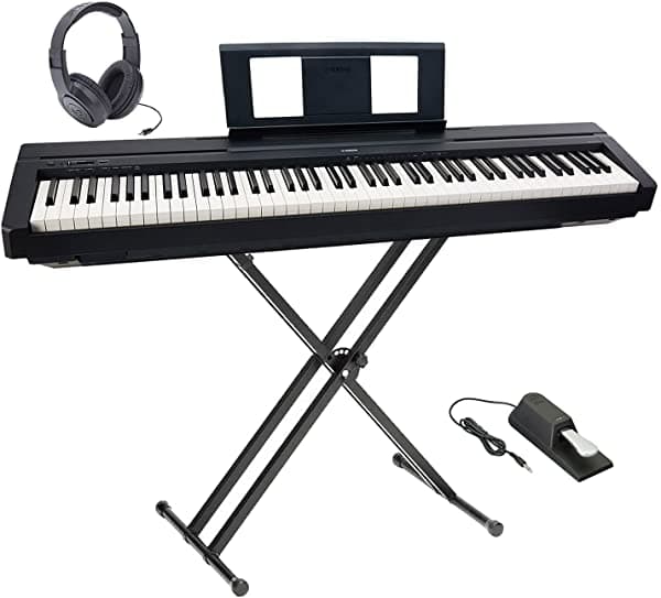 Yamaha P-45 Ultra Platino Teclado Paquete Auriculares Double-X Stand Y Sostense Pedal