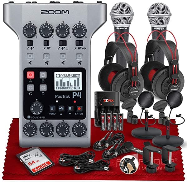 PS Zoom Podtrak P4 Podcast Multiprograma Portátil Grabador 4 Micrófono Entradass 4 Salidas Auricular Audio Placa + 64Gb Sd 2 X Dinámico Micrófono 2X Samson Sr860 Auriculares Deluxe Accesorios
