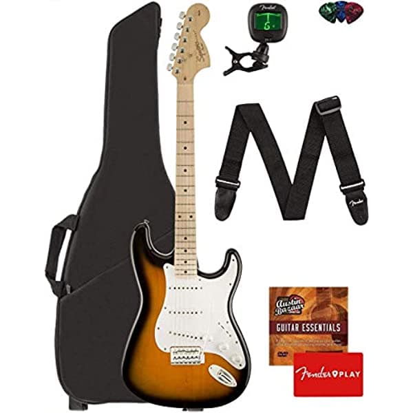 Fender Squier Affinity Stratocaster - Paquete Sunburst Marrón con Funda Acolchada Afinador Correa Púas y DVD de Instrucciones de Austin Bazar 0370600532-COMBO-DLX