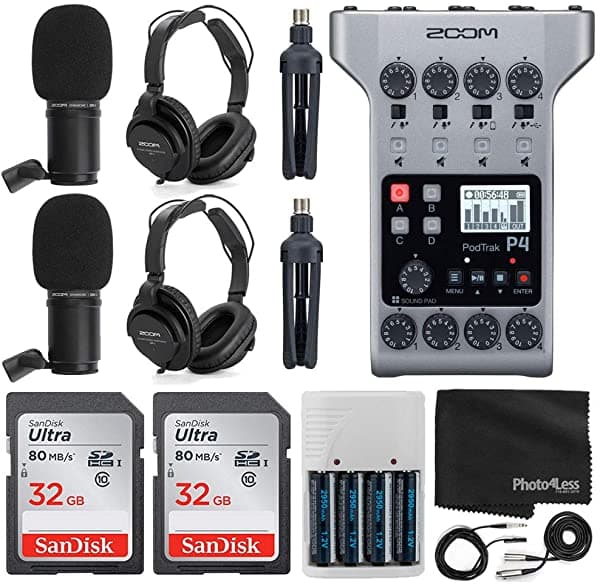 Zoom PodTrak P4 Grabadora Portátil Multitrack para Podcast + 2x micrófonos Zoom M-1 + 2x Audífonos + Protector Antiviento + Cable XLR + Soporte de Mesa + 2x Tarjeta de Memoria de 32GB + 4 Pilas AA y Cargador + Paño de Limpieza - Paquete Superior