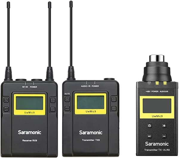 Saramonic UWMIC9 Sistema de micrófono lavalier UHF inalámbrico + transmisor XLR, transmisor bodypack + lav mic XLR + receptor, montaje XLR de 3.5 mm, entrevistas en video YouTube