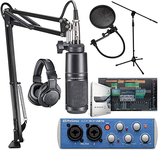 PreSonus AudioBox USB 96 Placa de audio y Audio-Technica AT2020PK micrófono de estudio ATH-M20X brazo y cable XLR, pack para streaming y podcasting