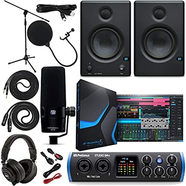 PreSonus Studio 24C 2x2 Interfaz de audio/MIDI USB Tipo-C con software Studio One Artist, pack con par de monitores de estudio Eris 3.5 y PreSonus PD-70 micrófono dinámico para voces con cable XLR