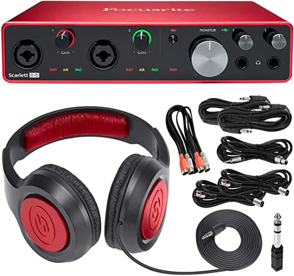 Focusrite Scarlett 8I6 8-In 6-Out Usb Audio Placa + Samson Sr360 Over-Ear Dynamic Stereo Auriculares Cables Y Tapado De Limpieza De Microfibras De Fibro De Fibro De Fibro