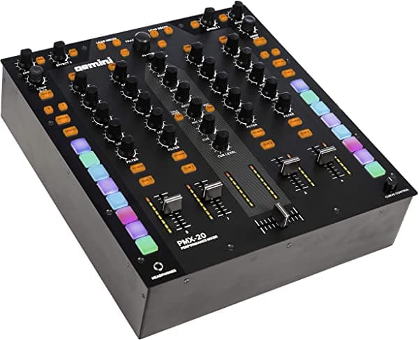 GeminiJets Gemini Sound Pmx-20 - Controlador De Dj Profesional De 4 Canales De Audio Todo En Uno Con 16 Almohadillas De Rendimiento Rgb Control Midi Innofader Listo Para Crossfader Trs/Xlr Entradas De Micrófono Digital