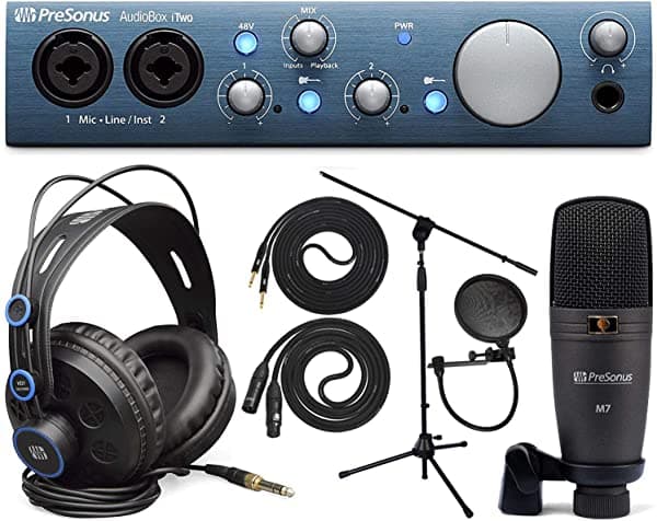 PreSonus AudioBox iTwo Studio - Placa de Audio Full Studio Bundle, Software de Grabación, Mac/Windows/iPad, Auriculares, Micrófono, Cable, Filtro Pop, Soporte de Micrófono y Cable de Instrumento TS